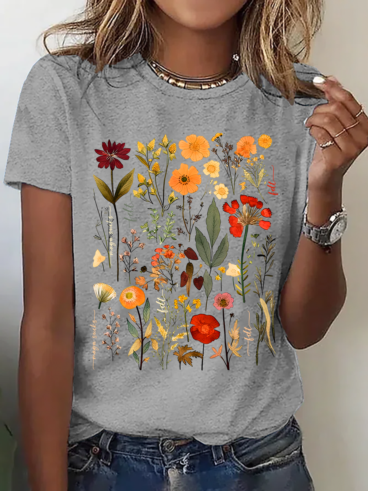 Lässig Geblümt Rundhals Kurzarm T-Shirt