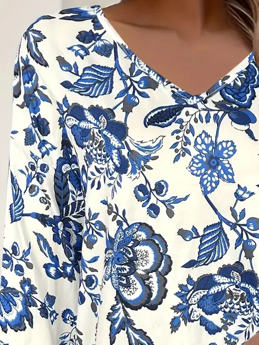 Lässig Geblümt V-Ausschnitt Langarm T-Shirt