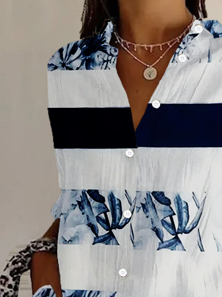Hemdkragen Langarm Gestreift Schnalle Regelmäßig Weit Knopfhemd Bluse für Damen
