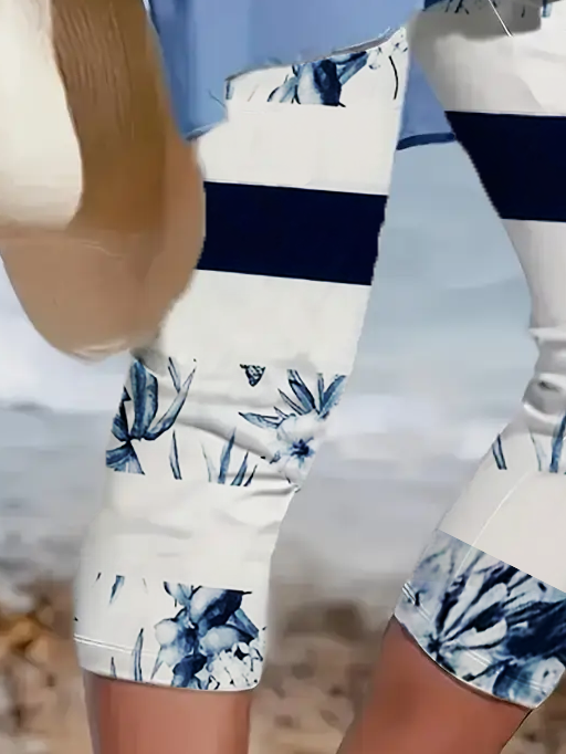 Lässig Gestreift Caprihosen Elastische Taille Print Hose