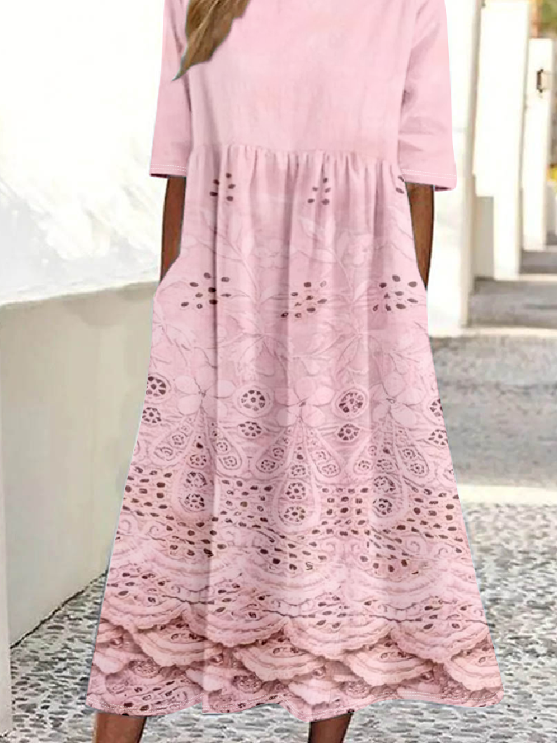 Damen Verlaufsmuster Rundhals Halbarm Bequem Retro Maxikleid