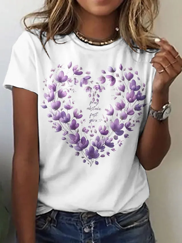 Lässig Geblümt Rundhals Kurzarm T-Shirt