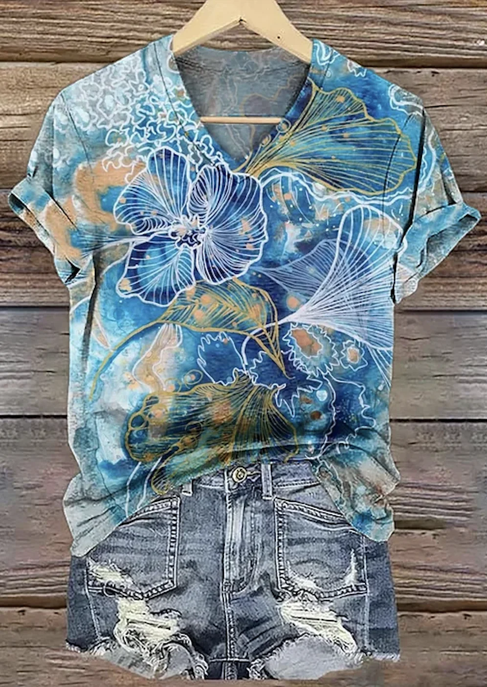 Lässig Geblümt V-Ausschnitt Kurzarm T-Shirt