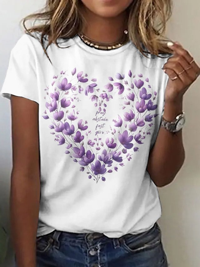 Lässig Geblümt Rundhals Kurzarm T-Shirt
