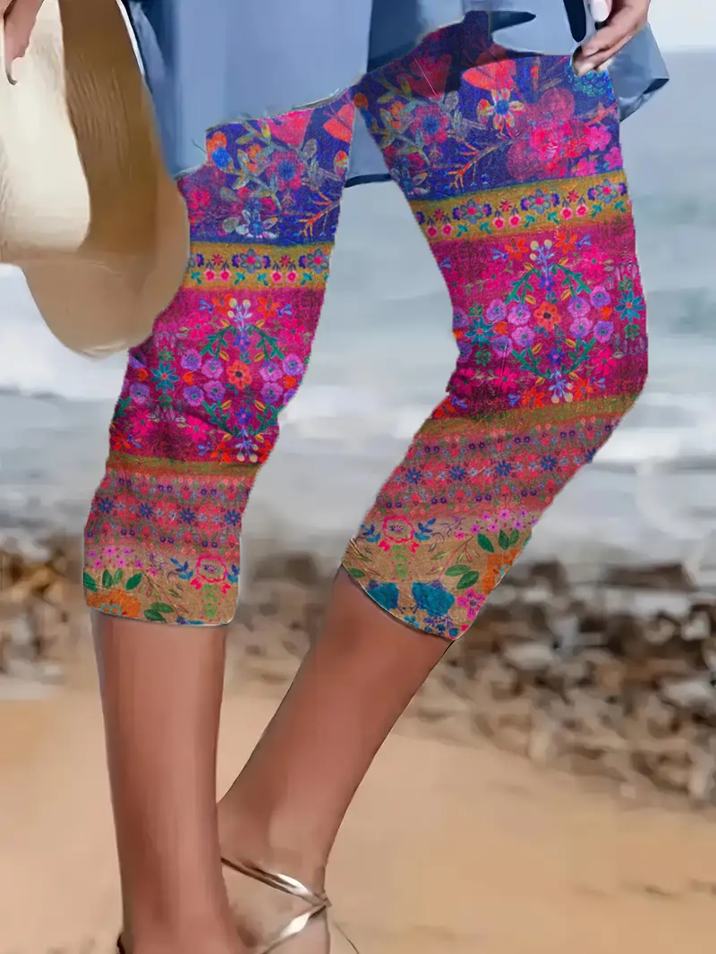 Lässig Geblümt Caprihosen Elastische Taille Print Hose