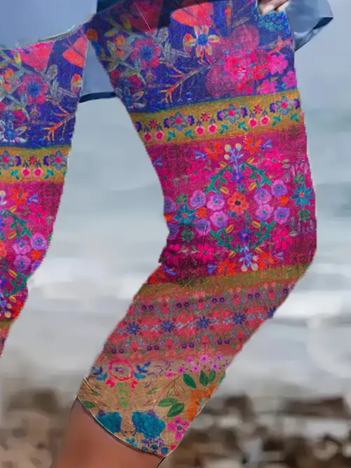 Lässig Geblümt Caprihosen Elastische Taille Print Hose