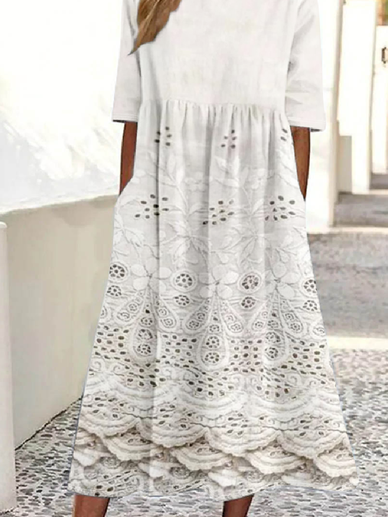 Damen Verlaufsmuster Rundhals Halbarm Bequem Retro Maxikleid