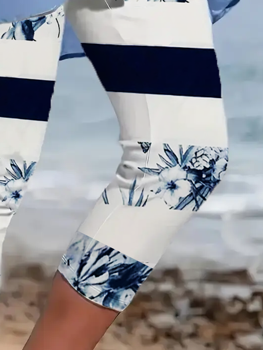 Lässig Gestreift Caprihosen Elastische Taille Print Hose