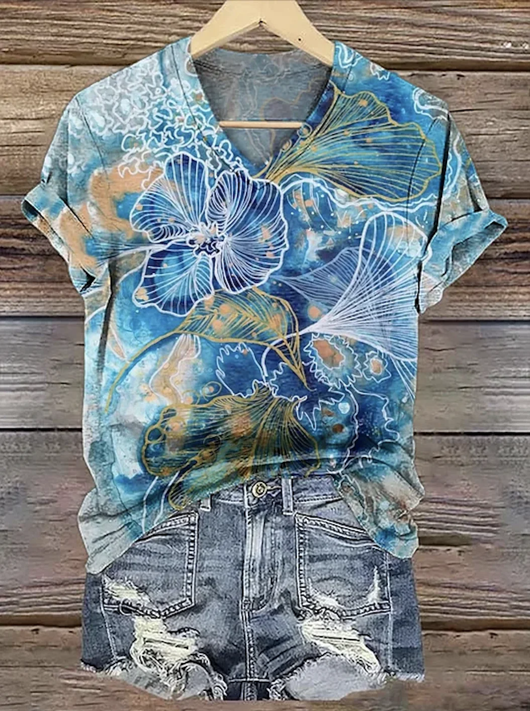 Lässig Geblümt V-Ausschnitt Kurzarm T-Shirt