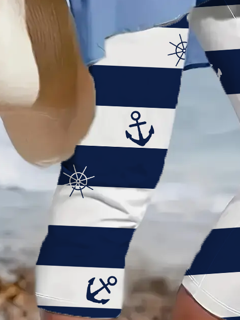 Lässig Gestreift Caprihosen Elastische Taille Print Hose