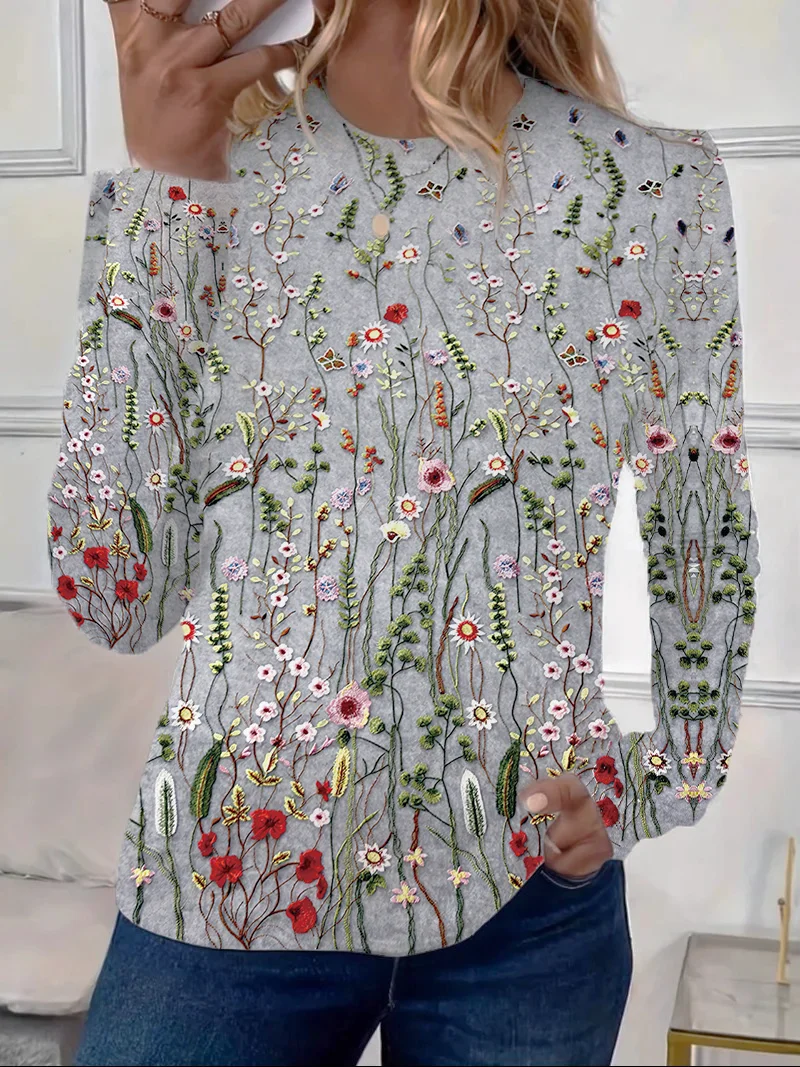 Lässig Geblümt Rundhals Langarm T-Shirt