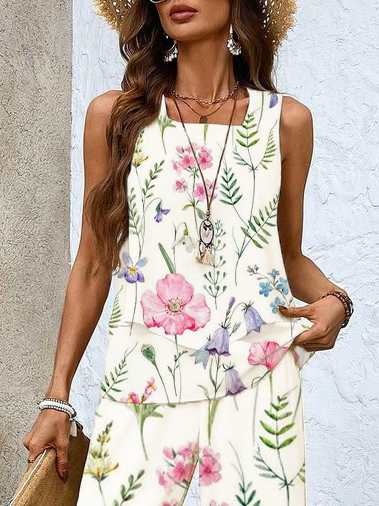Damen Geblümt Rundhals Ärmellos Bequem Lässig Print Bluse mit Hose Zweiteiliges Set
