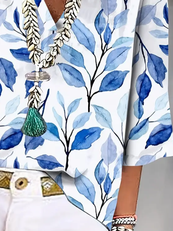 V-Ausschnitt Dreiviertelärmel Geblümt Print Regelmäßig Weit Bluse_ für Damen