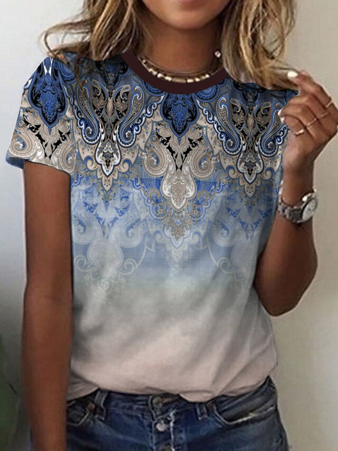 Lässig Ethnisch Rundhals Kurzarm T-Shirt
