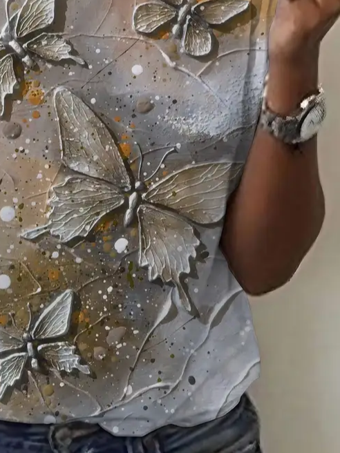 Lässig Schmetterling Rundhals Kurzarm T-Shirt