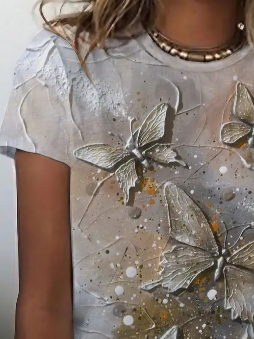 Lässig Schmetterling Rundhals Kurzarm T-Shirt