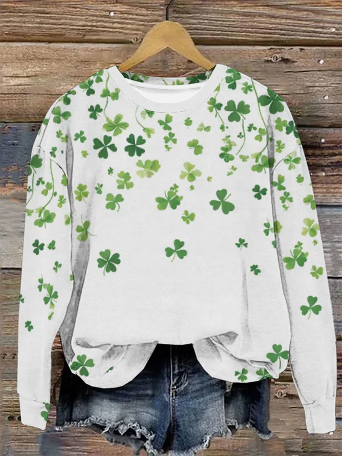 Lässig Rundhals vierblättriges Kleeblatt Sweatshirt