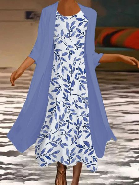Damen Geblümt Print Zweiteiliges Set Täglich Dreiviertelärmel Lässig Frühling/Herbst Kleid mit Mantel Matching Set
