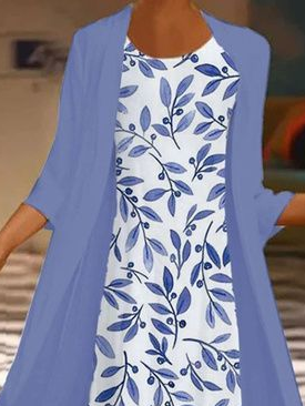 Damen Geblümt Print Zweiteiliges Set Täglich Dreiviertelärmel Lässig Frühling/Herbst Kleid mit Mantel Matching Set