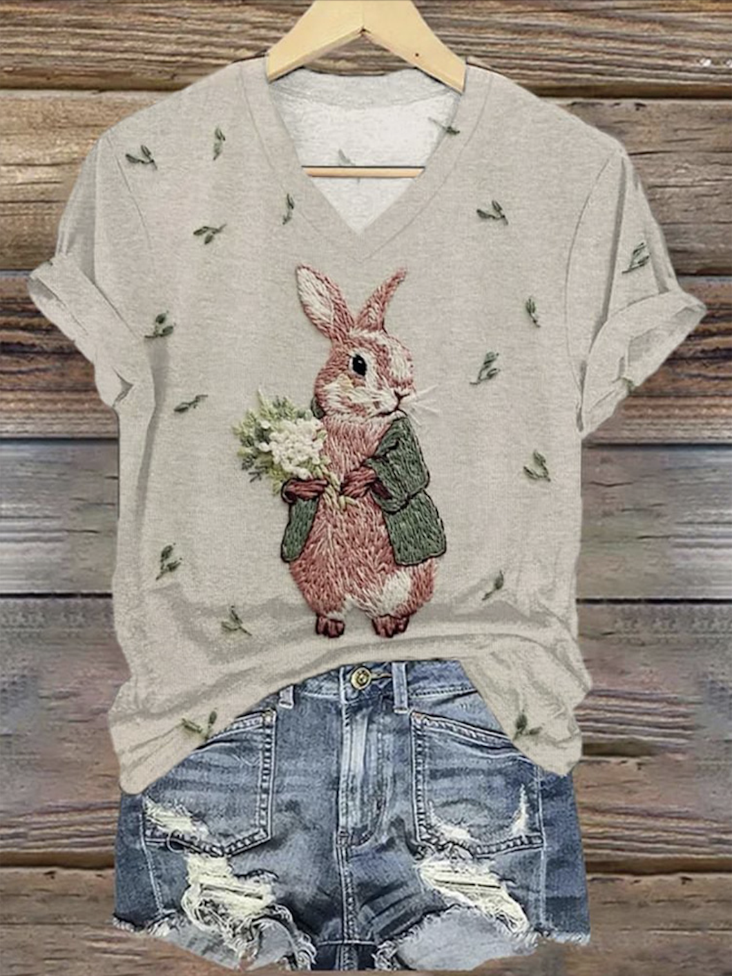 Lässig Tier V-Ausschnitt Kurzarm T-Shirt