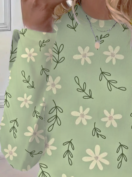 Lässig Geblümt Rundhals Langarm T-Shirt
