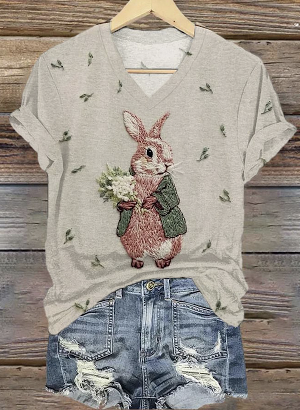 Lässig Tier V-Ausschnitt Kurzarm T-Shirt