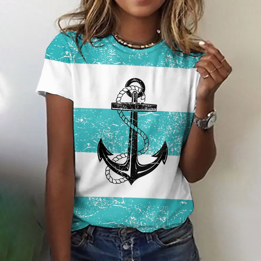 Lässig Gestreift Rundhals Kurzarm T-Shirt