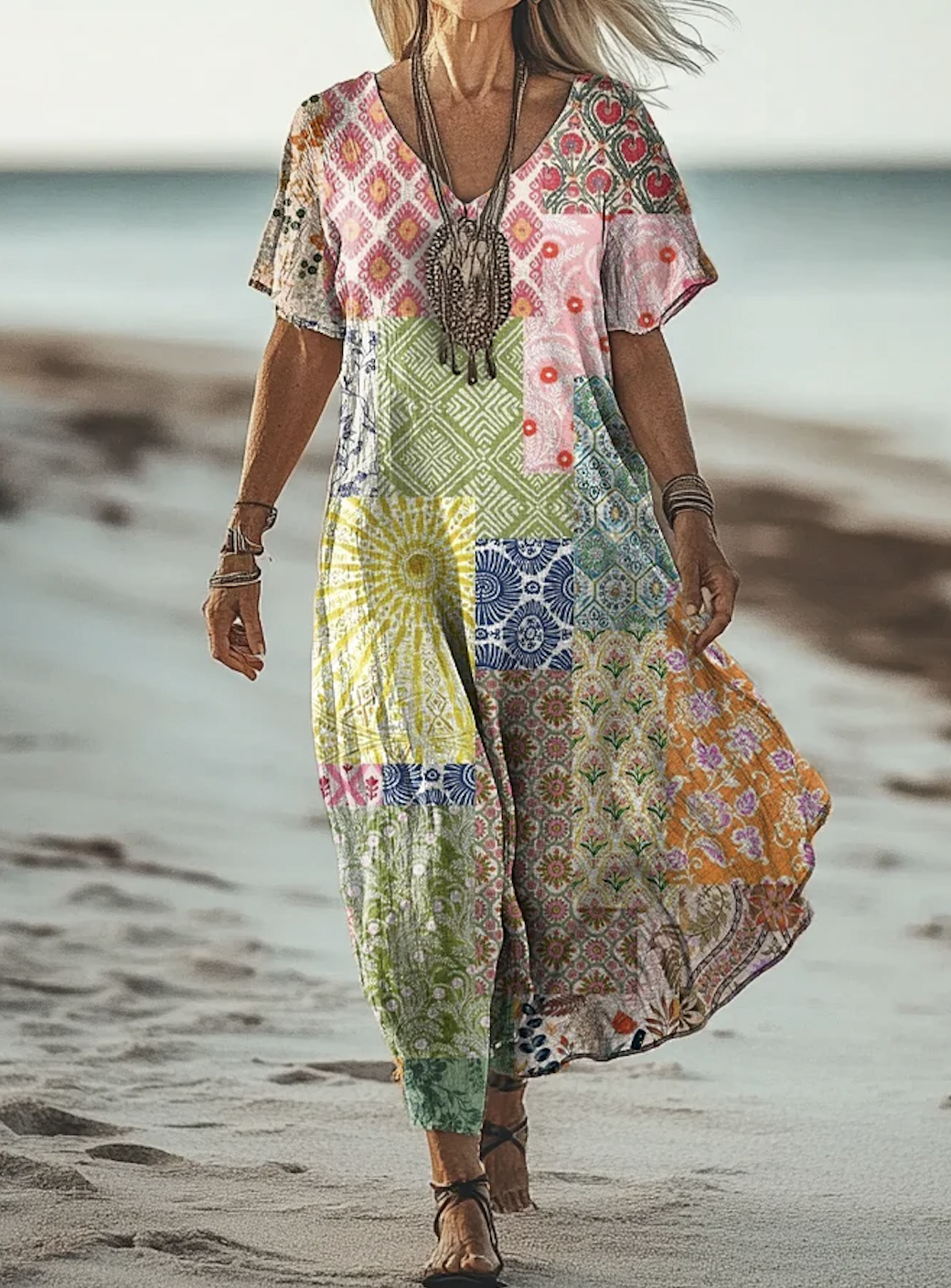 Damen Geometrisch V-Ausschnitt Kurzarm Bequem Lässig Maxikleid