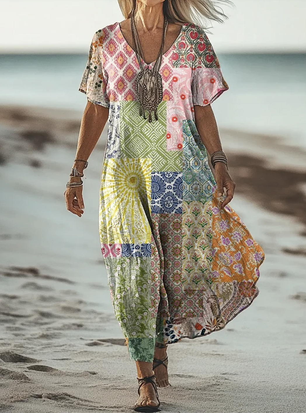 Damen Geometrisch V-Ausschnitt Kurzarm Bequem Lässig Maxikleid