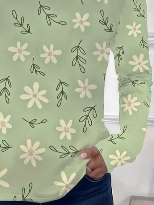 Lässig Geblümt Rundhals Langarm T-Shirt
