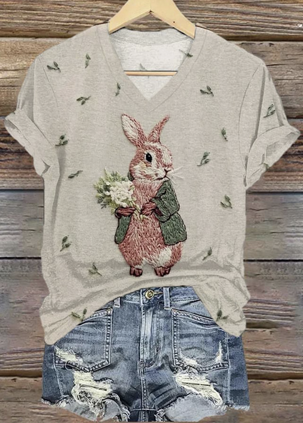 Lässig Tier V-Ausschnitt Kurzarm T-Shirt