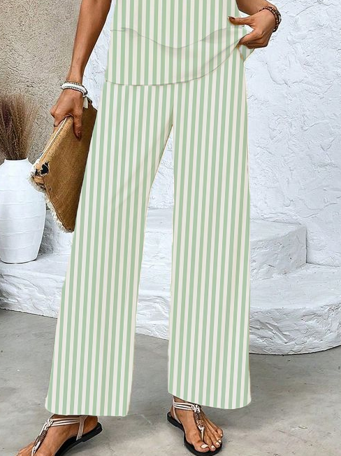 Damen Gestreift Rundhals Ärmellos Bequem Lässig Print Bluse mit Hose Zweiteiliges Set
