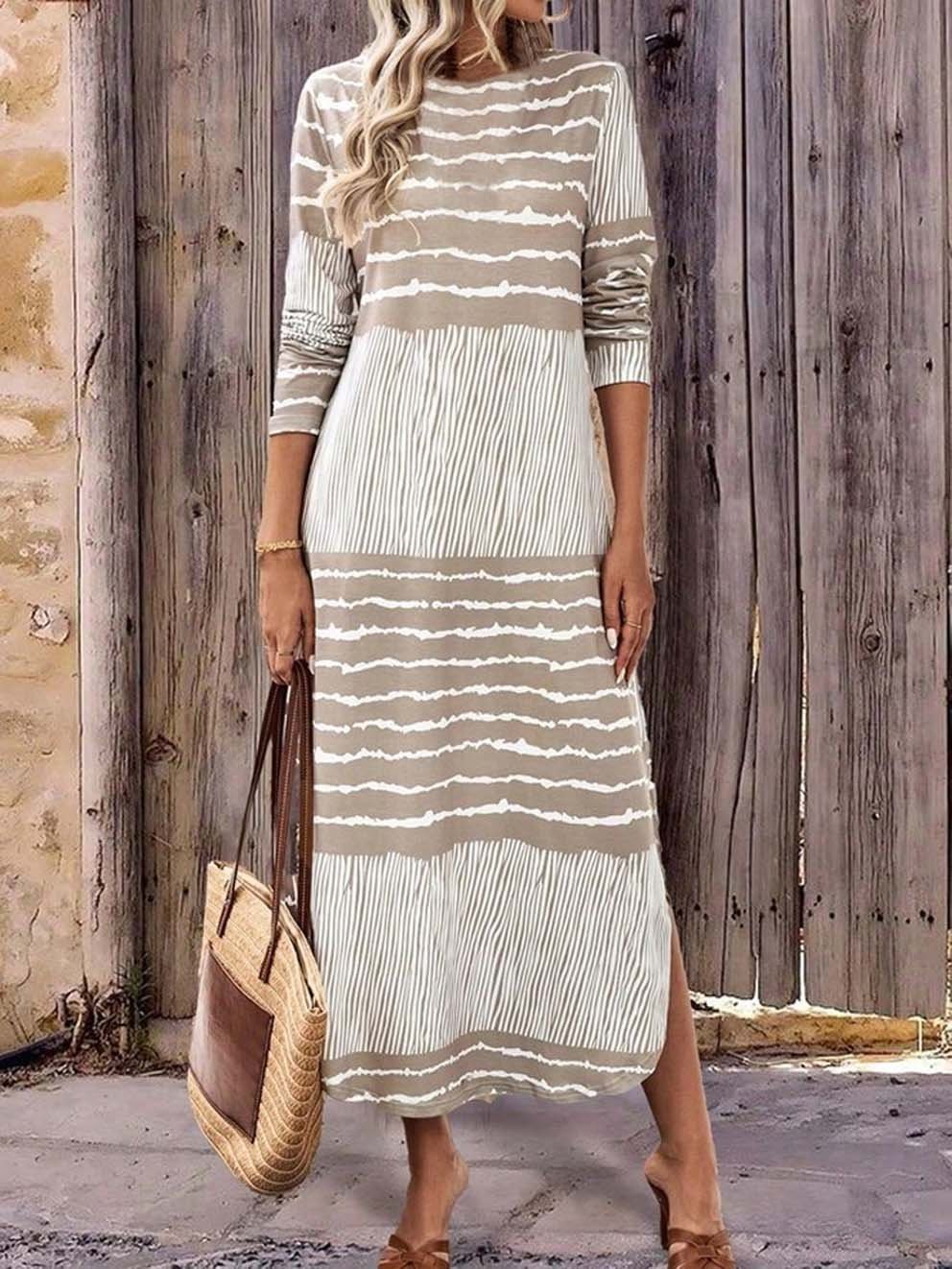 Damen Gestreift Frühling/Herbst Kleid Rundhals Langarm T-Shirt-Kleid H-Linie Kleid