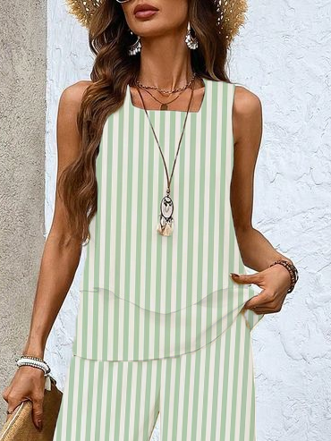 Damen Gestreift Rundhals Ärmellos Bequem Lässig Print Bluse mit Hose Zweiteiliges Set