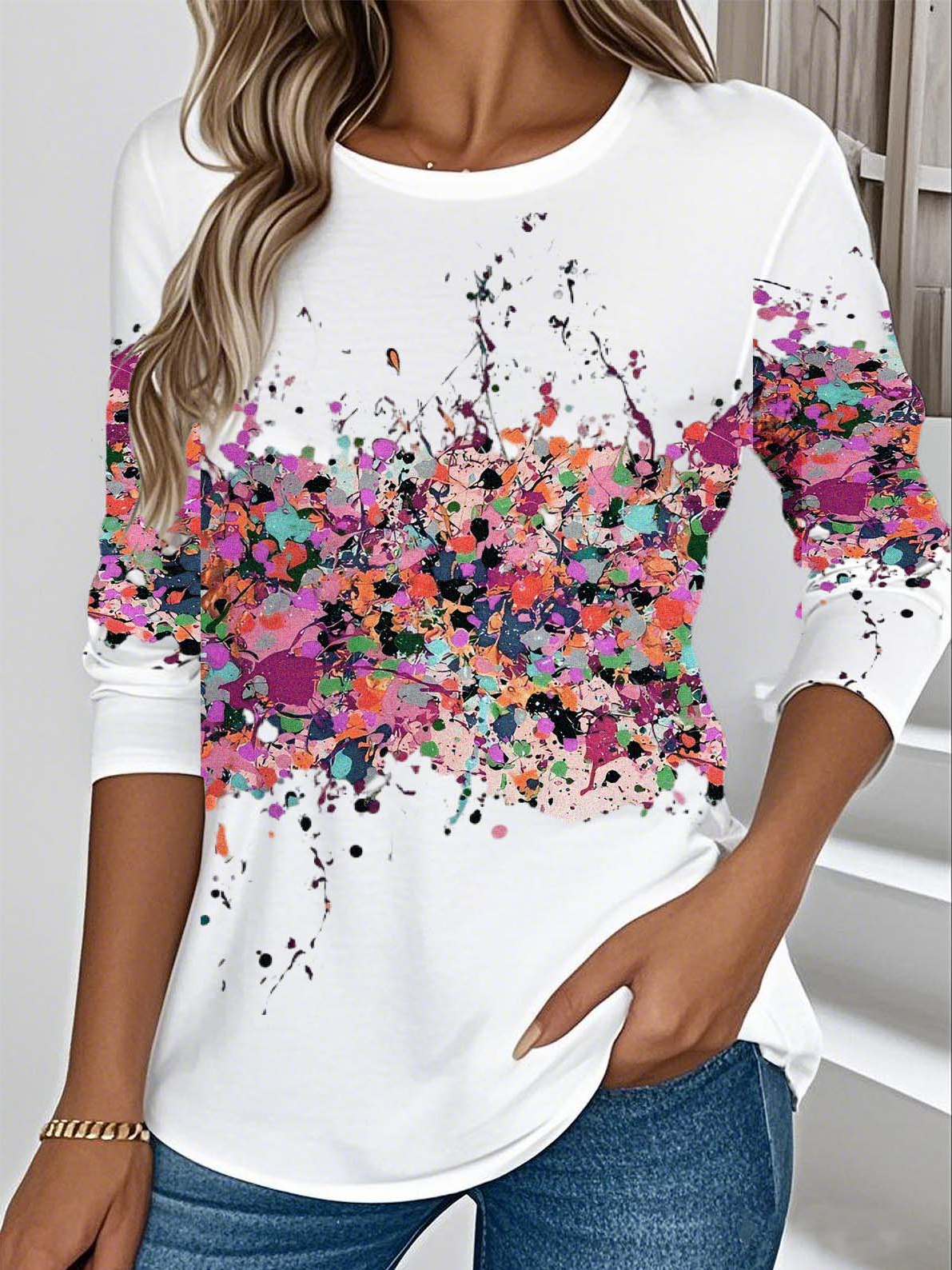 Retro 3d Drucken Rundhals Langarm T-Shirt