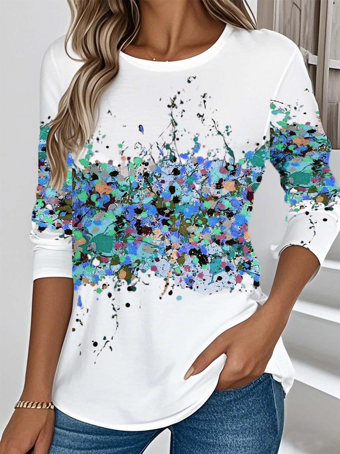 Retro 3d Drucken Rundhals Langarm T-Shirt