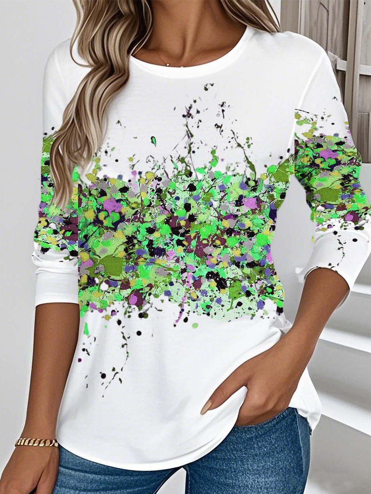 Retro 3d Drucken Rundhals Langarm T-Shirt