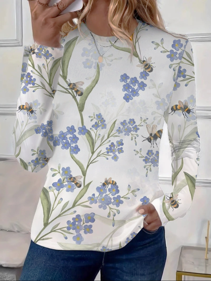 Lässig Geblümt Rundhals Langarm T-Shirt