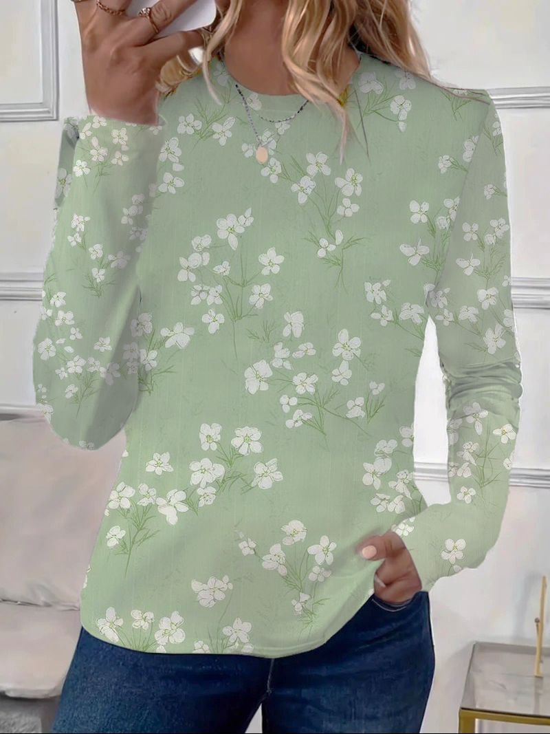 Lässig Geblümt Rundhals Langarm T-Shirt