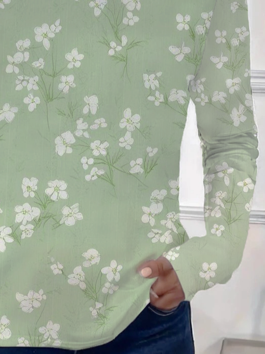 Lässig Geblümt Rundhals Langarm T-Shirt