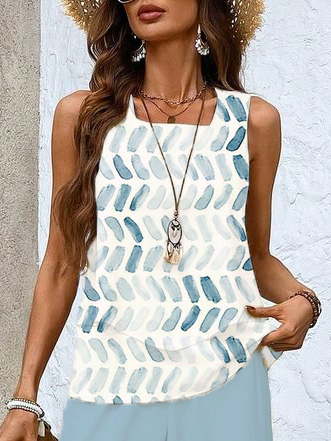 Damen Geometrisch Rundhals Ärmellos Bequem Lässig Print Bluse mit Hose Zweiteiliges Set