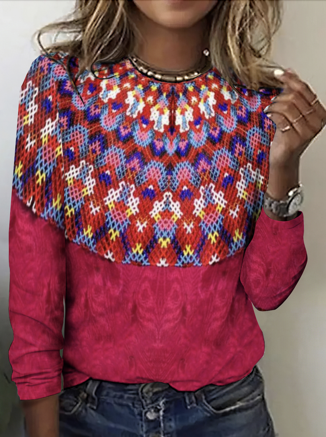 Lässig Geometrisch Rundhals Langarm T-Shirt