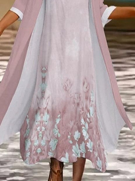 Damen Geblümt Rundhals Dreiviertelärmel Bequem Lässig Print Kleid mit Mantel Zweiteiliges Set