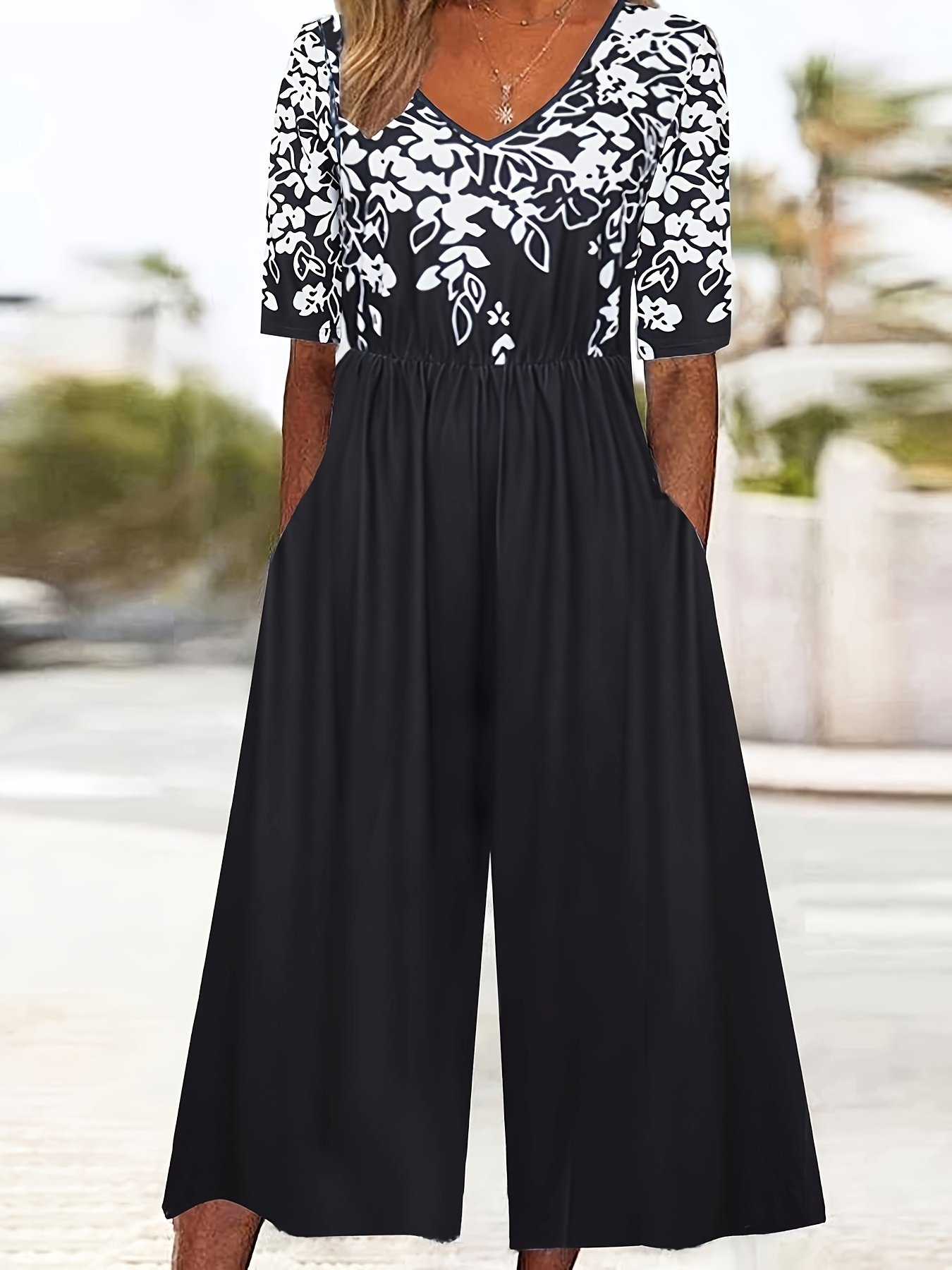Damen Halbarm V-Ausschnitt Weit Knöchelhose Täglich Retro Verlaufsmuster Normal T-Shirt Jumpsuit