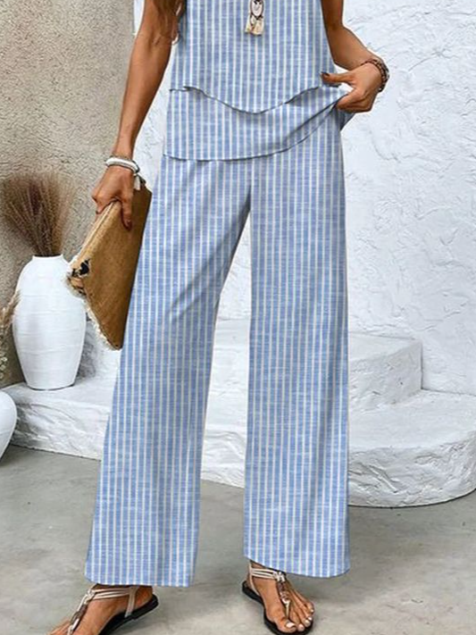 Damen Gestreift Rundhals Ärmellos Bequem Lässig Bluse mit Hose Zweiteiliges Set
