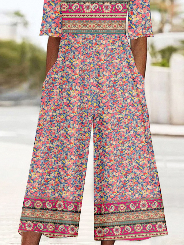 Damen Halbarm V-Ausschnitt Weit Knöchelhose Täglich Retro Ethnisch Normal T-Shirt Jumpsuit
