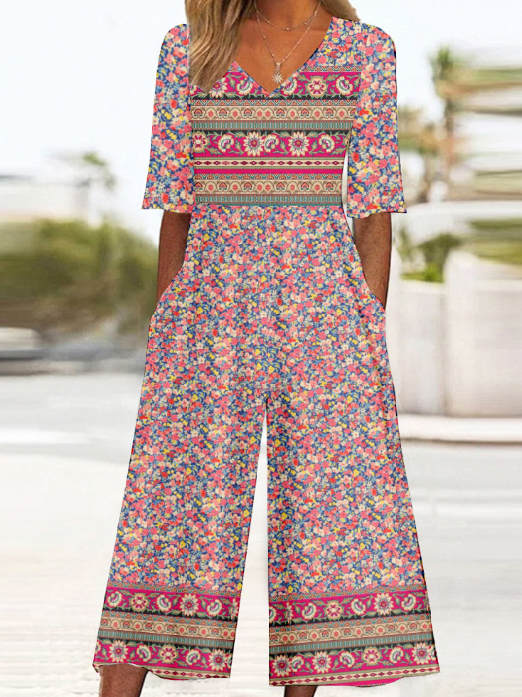 Damen Halbarm V-Ausschnitt Weit Knöchelhose Täglich Retro Ethnisch Normal T-Shirt Jumpsuit