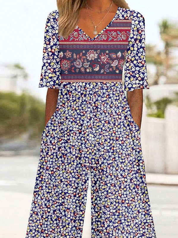 Damen Halbarm V-Ausschnitt Weit Knöchelhose Täglich Retro Ethnisch Normal T-Shirt Jumpsuit