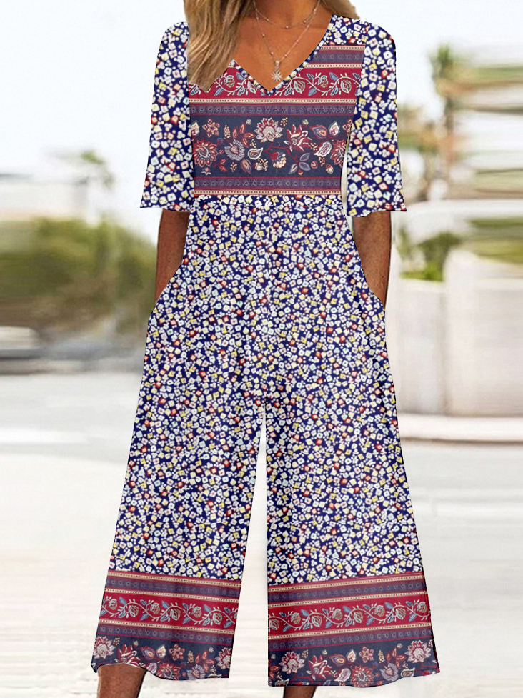 Damen Halbarm V-Ausschnitt Weit Knöchelhose Täglich Retro Ethnisch Normal T-Shirt Jumpsuit