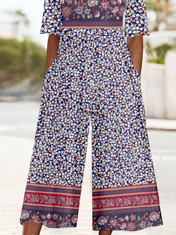 Damen Halbarm V-Ausschnitt Weit Knöchelhose Täglich Retro Ethnisch Normal T-Shirt Jumpsuit